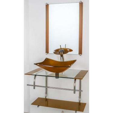 Imagem de Gabinete De Vidro Banheiro Inox 60Cm Cuba Retangular Dourado