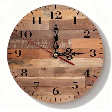 Imagem de Relógio de parede de madeira rústica, silencioso, sem tique-taque, operado por bateria para sala de estar, cozinha, quarto – design vintage multicolorido, 19 cm