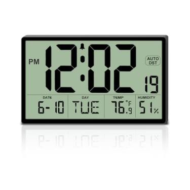 Imagem de Relógio de parede digital com biséis estreitos de 23 cm operado por bateria com temperatura e umidade – horário de verão automático, 5 dígitos, alarme de volume de 5 níveis (3 AA incluídos) - Suporte