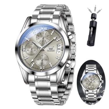 Imagem de OLEVS Relógios masculinos de luxo, analógicos, à prova d'água, aço inoxidável, casual, mostrador grande, cronógrafo, moda clássica, numerais romanos, quartzo, data, relógios de pulso masculinos Reloj