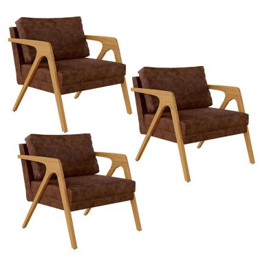 Imagem de Kit 03 Poltronas Decorativa Sala Estar Pietra Com Estrutura Madeira L02 Couríssimo Marrom-Lyam Decor