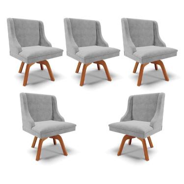 Imagem de Kit 5 Cadeiras Decorativas Sala De Jantar Base Giratória De Madeira Firenze Suede Cinza/natural G19