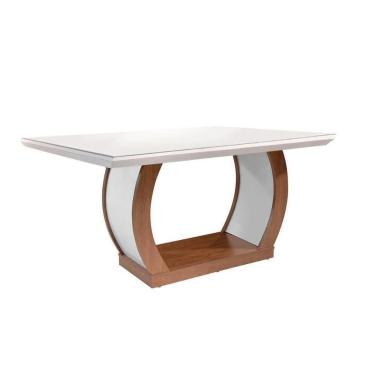 Imagem de Mesa De Sala Jantar Jade C/ Tampo 180x90cm Madeirado Vidro Canto Curvo - Imbuia/off White - Rufato