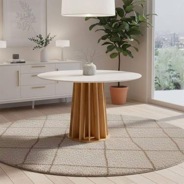 Imagem de Mesa de Jantar Redonda 115cm X 78cm 4 Lugares Base Ripada 100% Mdf Off White / Freijó