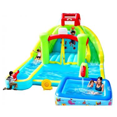 Imagem de Parque Aquático Inflável com Duplo Tobogã, Castelo Pula-Pula, Escalada, Piscina, Basquete e Piscina Profunda de Tamanho Generoso,WELLFUNTIME