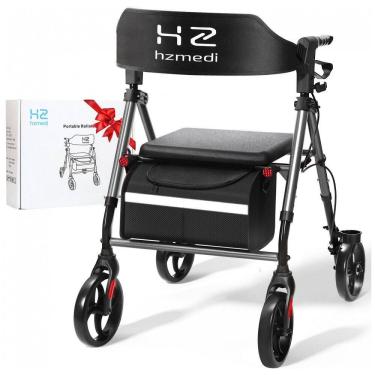 Imagem de Andador para Idosos, Walker Dobrável Cinza com Assento, Rodas de 20cm para Todo Terreno, Andador Médico Ajustável com Encosto e Freios