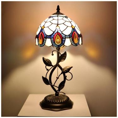 Imagem de Luminária de Mesa Tiffany MQYXH - Abajur Pequeno Rosa Claro Cauda de Pavão com Vidro Colorido e Base em Resina Bronze 20x20x46 cm