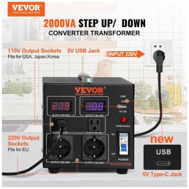 Imagem de Transformador (Conversor) de Voltagem VEVOR 2000W Elevação/Redução 110V para 220V/220V para 110V 2 US 2 EU USB Type-C 2 LED CE FCC