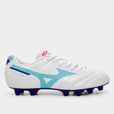 Imagem de Chuteira Campo Mizuno Morelia Club Unissex, Branco, Azul claro, 43