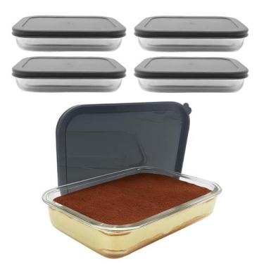 Imagem de Kit 4 Pote De Vidro Com Tampa Hermética Retangular Forno Microondas 15