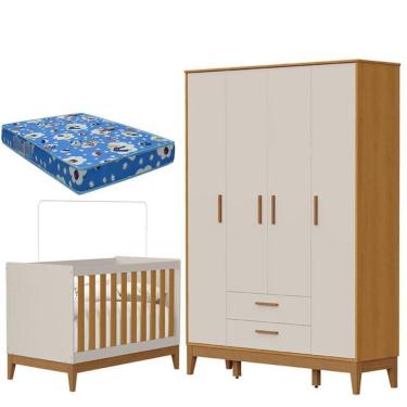 Imagem de Guarda Roupa Infantil 4 Portas com Berço Americano Flip Areia Acetinado Savana com Colchão Ortobom - Reller