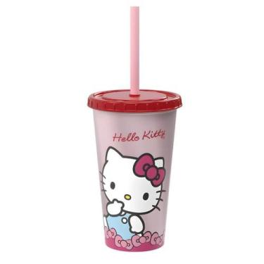 Imagem de Kit Lembrancinha 5 Copos Hello Kitty com Canudo e Tampa Festa Aniversá