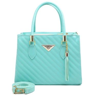 Imagem de Bolsa Feminina Média OEM Linea Shopbag Bordada em Couro Sintético 24x18x10cm Verde Azulado