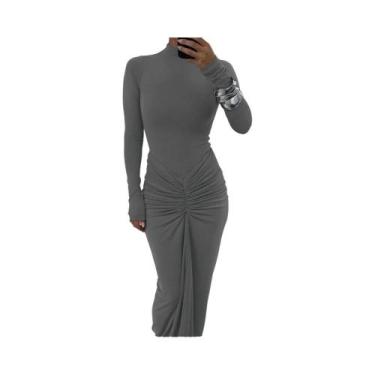 Imagem de Vestido Feminino O-Neck De Manga Longa Com Pregas E Detalhes Franzidos