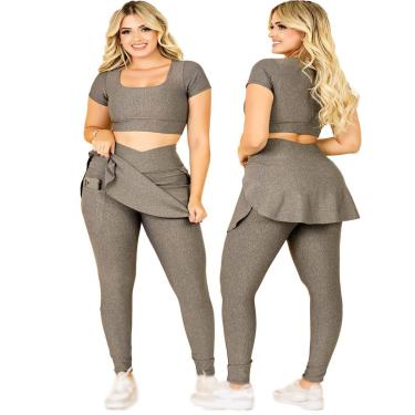 Imagem de Conjunto Fitness Calça Legging Saia Com Bolso E Top Cropped Academia Moda Evangélica Th...