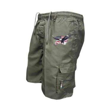 Imagem de Bermudas Cargo Masculinas Com Cintura Elástica, Múltiplos Bolsos, Ajus