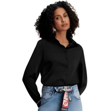 Imagem de Blusa Feminina Manga Longa Cetim Botões Flor De Lis, Preto, M