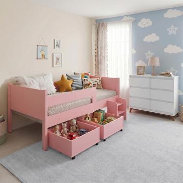 Imagem de Conjunto Cama Infantil Luna Plus com Cômoda Londres 6 Gavetas MDP MDF Branco Rosa Luna