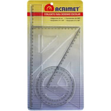 Imagem de Conjunto para Desenho Acrimet Régua 30CM Transferidor 360o Esquadro 21CM 4 Peças