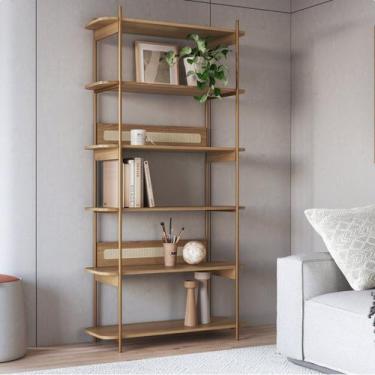 Imagem de Estante 180 cm 6 Prateleiras Palhinha Pé Metal Bege/Hanover/Dourado - 