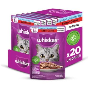 Imagem de Kit 20 Sachês Whiskas Gato Adulto Castrado Carne 85g
