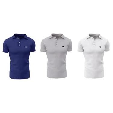 Imagem de Kit 3 Camisas Gola Polo Voker Com Proteção Uv Premium - M - Azul, Cinza e Branco