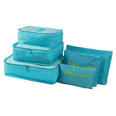 Imagem de Yuventoo 6 unidades organizador de sacos de bagagem cubos de embalagem durável viagem viagem conjunto de organizadores de embalagem de bagagem com saco de toalete azul celeste