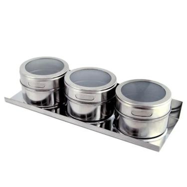 Imagem de Kit 3 Porta Condimentos Magnéticos Potes Imã Base Inox Tempero Armazenar Visor Acrílico Chef Cozinha