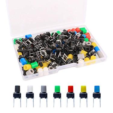 Imagem de Gebildet 84pcs 6 × 6 × 8 mm Momentary Tactile Tact interruptor de botão com tampas de botão de 7 cores, cada cor 12 peças (preto, vermelho, azul, amarelo, branco, verde, cinza) para Breadboard Arduino