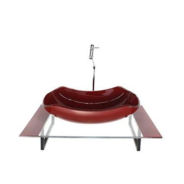 Imagem de KIT CUBA DE VIDRO ABAULADA COM TAMPO 60CM VERMELHO CEREJA E SUPORTE TORNEIRA VALVULA