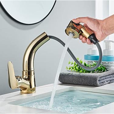 Imagem de Puxe a torneira preta da pia do banheiro, misturador de água quente e fria, guindaste, elevador para cima e para baixo, torneira misturadora de água cromada 360 graus, ouro, china