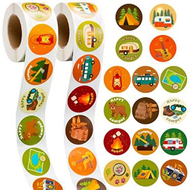 Imagem de A1diee 1000Pcs Travel Camping Stickers in 2 Rolls Happy Camper Tent Bonfire Guitar Map Camera Travel Bag Car Themed Self Adhesive Decals for Birthday Gifts Bag Party Supplies School Activity Reward