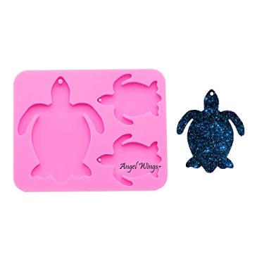Imagem de Angel Wings Super brilhante tartaruga família chaveiros molde tartaruga mãe / bebê jóias fazendo glitter epóxi chaveiro silicone molde polímero argila ferramentas faça você mesmo