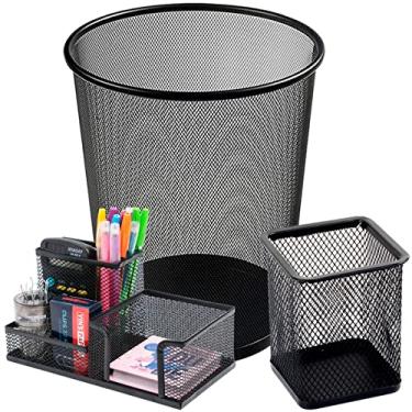 Imagem de Porta Caneta E Lixeira de Metal Aramado Organizadores de Escritório Mesa Com Divisórias Para Clip Lápis Bloco de Notas Tesoura Borracha Kit 3 Peças Redondo Quadrado (Preto)