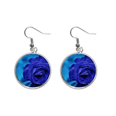 Imagem de Brinco feminino com pingente de prata e rosas azul-escuro