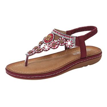 Imagem de Sandálias rasteiras femininas verão boho strass sapatos confortáveis bico aberto elástico feminino marrom slides, Ouro rosa, 8.5