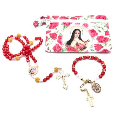 Imagem de Terço e Pulseira Santa Teresinha com Bolsinha com Zíper