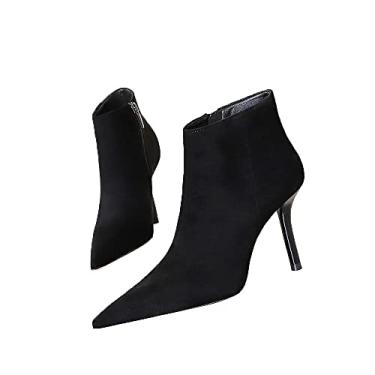 Imagem de YGJKLIS Botas femininas de salto agulha de camurça 10 cm, moda salto alto zíper lateral bota de tornozelo outono inverno sapatos de escritório, Sapatos grossos pretos, 4.5