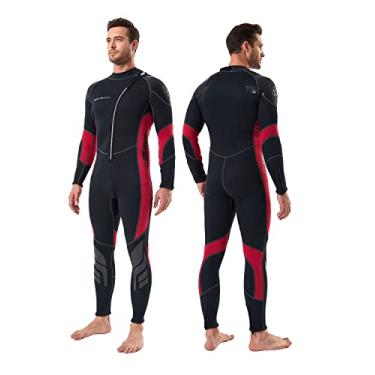 Imagem de Seaskin Roupa de mergulho masculina feminina 3 mm neoprene corpo inteiro roupa de mergulho com zíper frontal roupa de mergulho para mergulho com snorkel surf natação (homens preto + vermelho, médio)