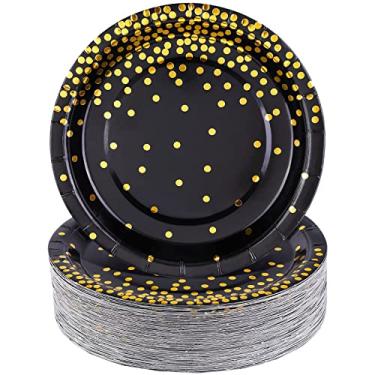 Imagem de Aneco 100 Pieces 7 Inches Black and Gold Paper Plates Gold Foil Dot Dessert Plates Party Paper Plates for Party, Birthday, Wedding Party Supplies