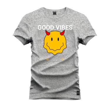 Imagem de Camiseta Casual Malha Confortável Estampada Good Vibes Cinza GG