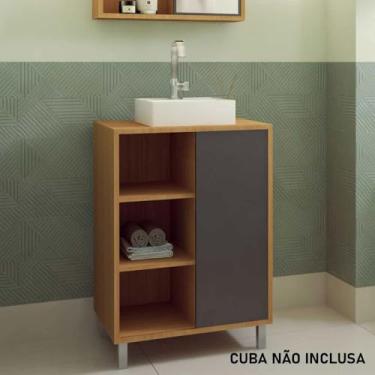 Imagem de Gabinete para Banheiro 60cm 1 Porta de Correr e Prateleiras Cor:mel com Grafite