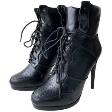 Imagem de Frankie Hsu Botas de cano alto de salto alto para basquete, botas casuais estilo tênis preto, sapatos de cadarço de designer de moda de tamanho grande para mulheres e homens, Preto, 13