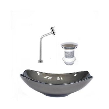 Imagem de Kit Cuba de Vidro + Torneira para Lavatório Oval Chanfrada 36cm Grafite