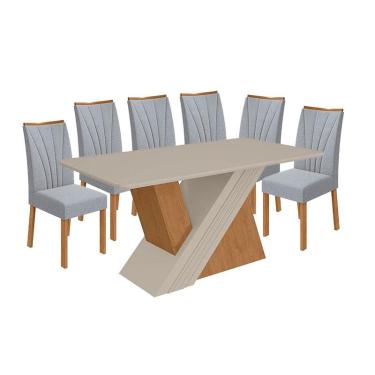 Imagem de Mesa de Jantar Vênus 170 cm Amêndoa Clean Off White com 6 Cadeiras Apogeu Linho Cinza Claro Amêndoa – Lopas