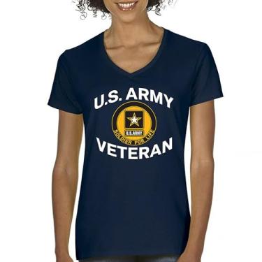 Imagem de Camiseta feminina US Army Veteran Soldier for Life com gola V orgulho militar DD 214 Patriotic Armed Forces Gear Licenciada, Azul marinho, M