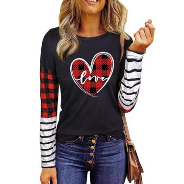 Imagem de Camiseta feminina xadrez com coração do amor para dia dos namorados manga longa listrada, Preto - 4, P