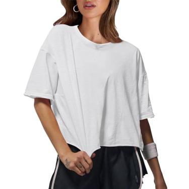 Imagem de AKEWEI Camisetas femininas curtas de manga curta com bainha de corte cru verão casual gola redonda camiseta de treino sólida, B2_branca_manga curta, P