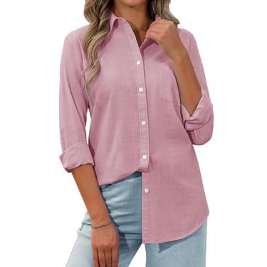 Imagem de siliteelon Camisa feminina de botões de linho com botões para mulheres, camisa social de manga comprida, blusa com colarinho, túnicas, Todo rosa, XXG