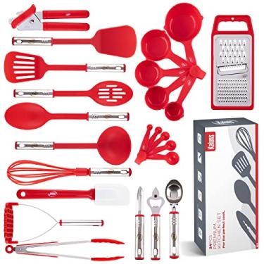 Imagem de Conjunto de utensílios de cozinha 24 peças de nylon e aço inoxidável, conjunto de utensílios de cozinha antiaderentes e resistentes ao calor, ferramentas de cozinha, acessórios de panelas e frigideiras úteis e utensílios de cozinha (vermelho)